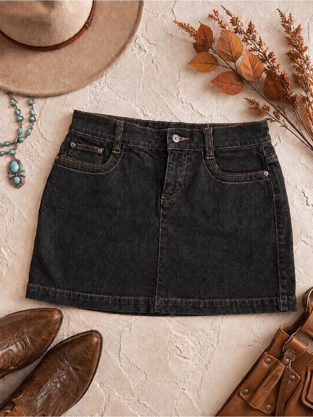 🍁 5/$25 Krush Dark Denim Mini Skirt | Size 10 | Western Boho | Contrast Stitch
